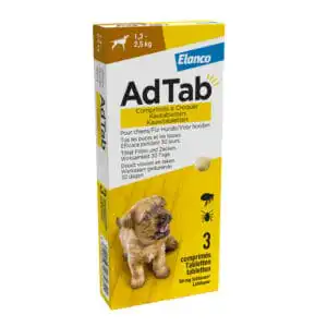 Elanco AdTab kauwtabletten voor honden met werkzame stof lotilaner voor maandelijkse bescherming tegen vlooien en teken vrij verkrijgbaar in 5 sterktes voor honden van 1,3 tot 45 kg