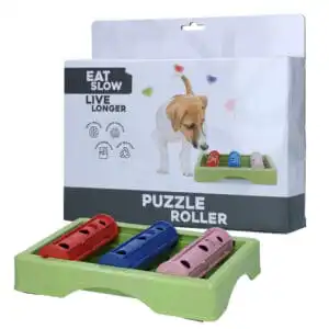 Eat Slow Live Longer Puzzle Roller – Een stationaire Level 2 puzzel met drie draaiende rollen voor hersenwerk bij doodles.