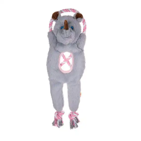 Growl Jungle Tugz Rocky de Neushoorn – Een sterke grijze hondenknuffel met intern touw en Ruff Guard Technology voor trekspelletjes.
