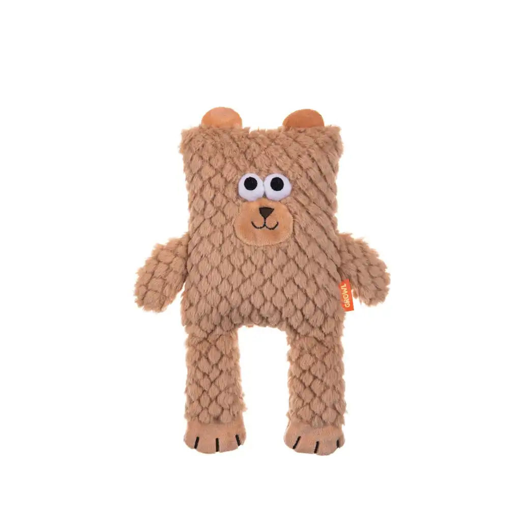 Growl Block Heads Boxy de Beer – Een sterke bruine hondenknuffel met een vierkante kop en Ruff Guard Technology.