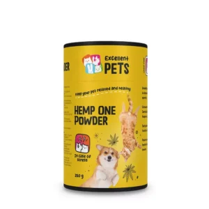 Excellent Pets Hemp One Powder 100 gram aanvullend diervoeder in poedervorm op basis van hennepbloem en johannesbrood ondersteunt darmwerking en algehele gezondheid ideaal bij spanning en stress voor honden en katten verkrijgbaar in 100 gram en 250 gram
